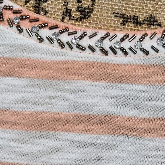 Chico's pale orange and white striped tied neck beaded and jeweled shirt sZ 3 XL - Picture 2 of 9